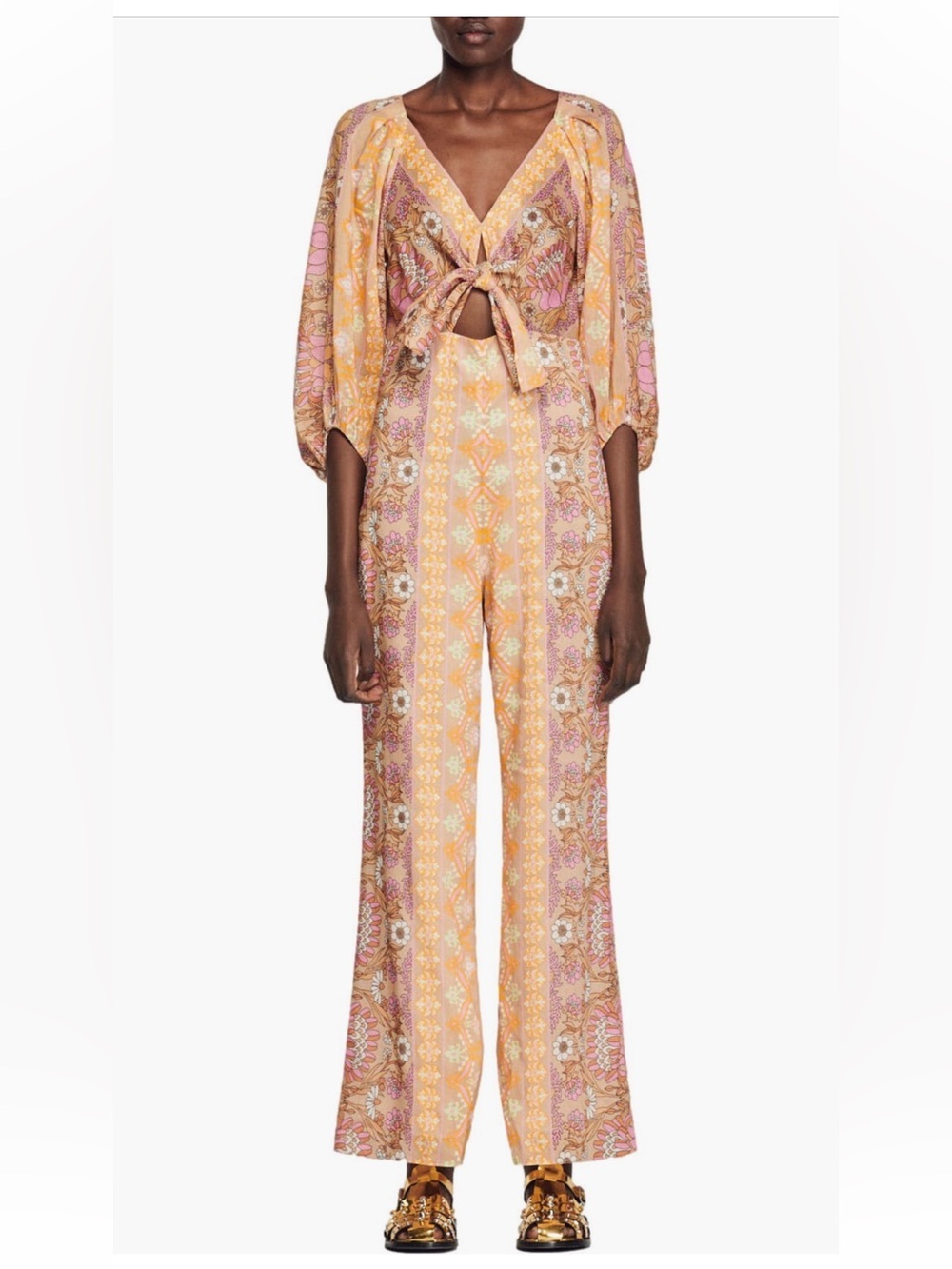 Sandro Dieppe Floral Linen Blend Wide Leg Jumpsuit NWT Size 4 US / 36 FR